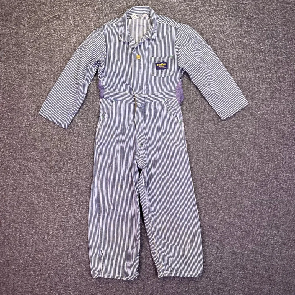 OshKosh B'gosh Coveralls Kids 4T Blue Hickory Stripe Vintage Train Conductor